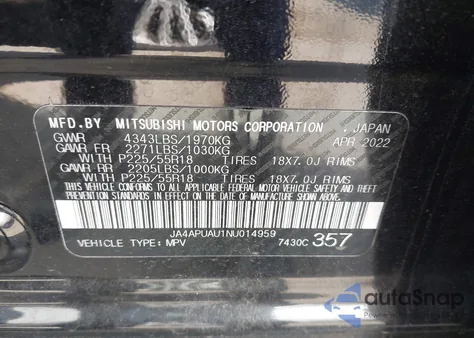 2022 Mitsubishi Outlander Sport 2.0 Be 2Wd/2.0 Es 2Wd/2.0 Le 2Wd/2.0 S 2Wd из США, поврежденный, VIN JA4APUAU1NU014959